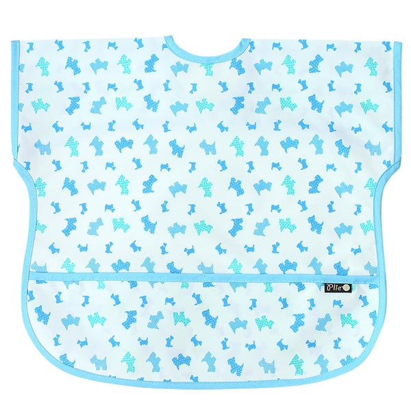 Plie short-sleeve bib blue puppy print with waterproof fabric keeps clothes clean during meals