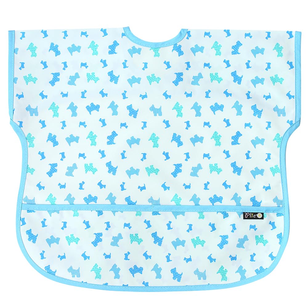 Plie short-sleeve bib blue puppy print with waterproof fabric keeps clothes clean during meals