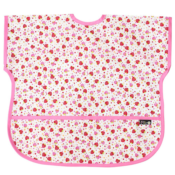 Plie short sleeve bib pink strawberry closeup shows waterproof fabric for mess-free meals.
