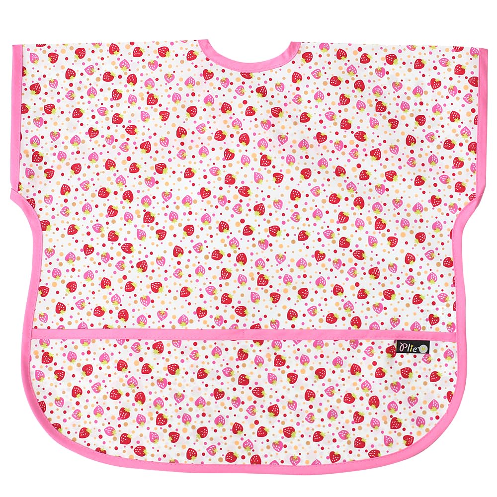 Plie short sleeve bib pink strawberry closeup shows waterproof fabric for mess-free meals.