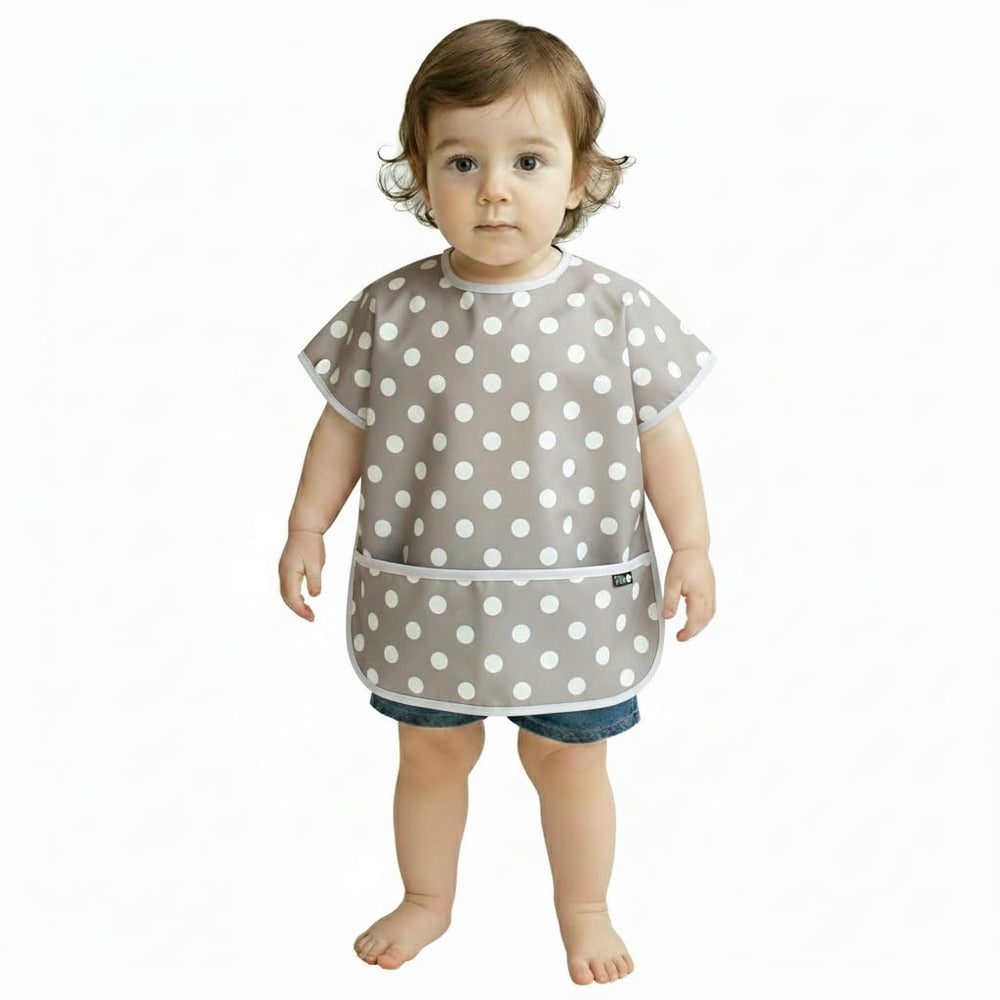 Plie short sleeve waterproof bib gray dot front view shows full coverage for messy meals