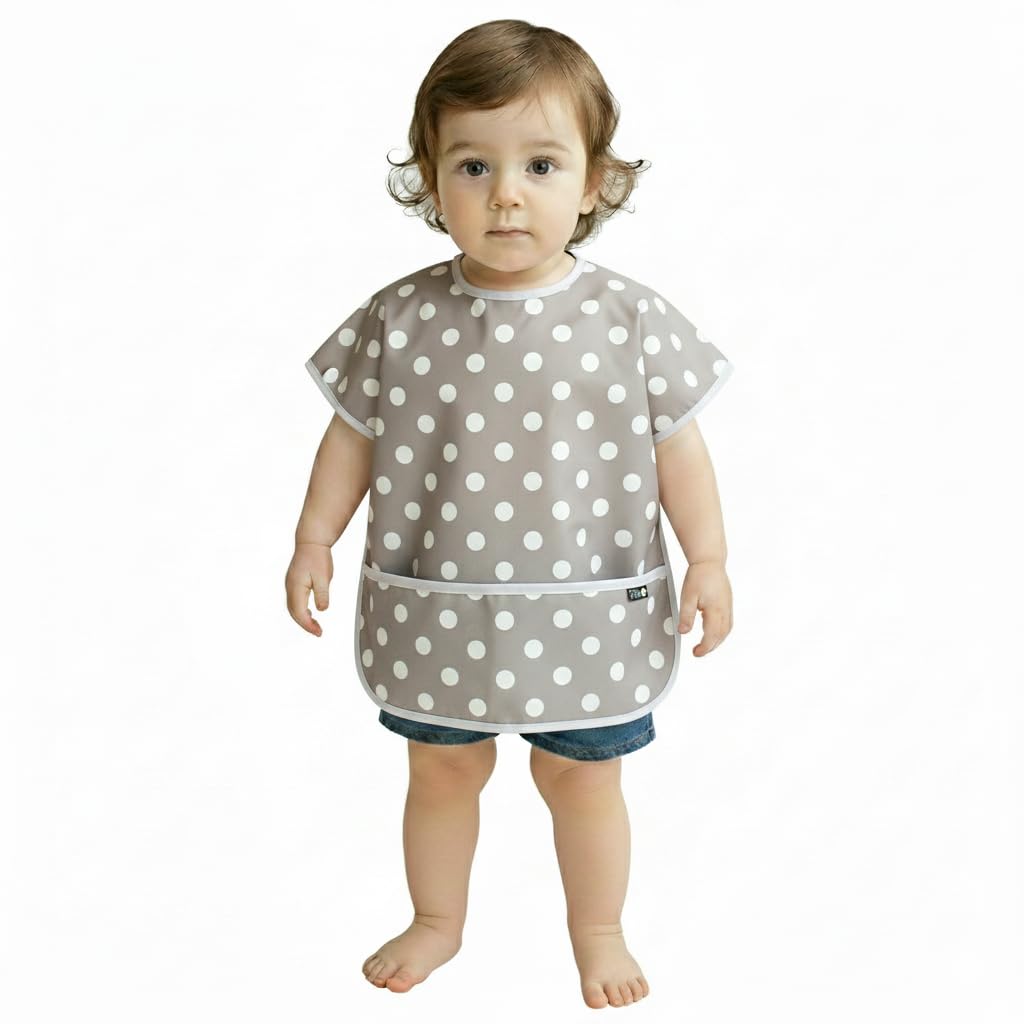 Plie short sleeve waterproof bib gray dot front view shows full coverage for messy meals