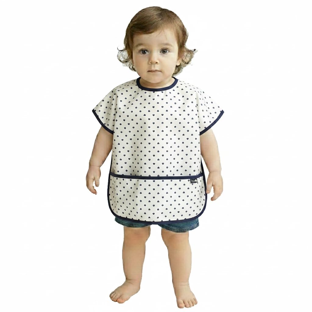 Plie navy heart short sleeve bib provides wide coverage for meals and messes.