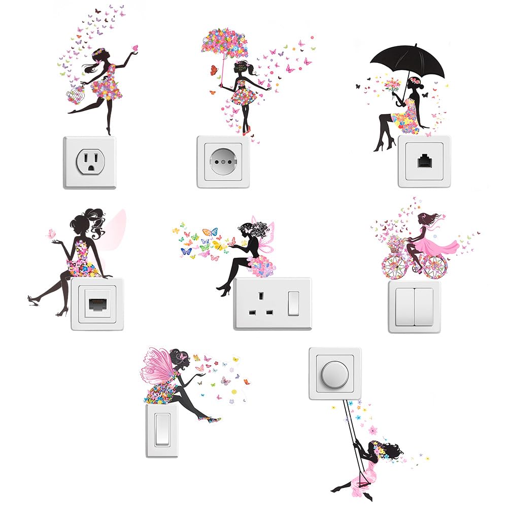 PLIGREAT flower-butterfly switch sticker collection adds whimsical outlet decor