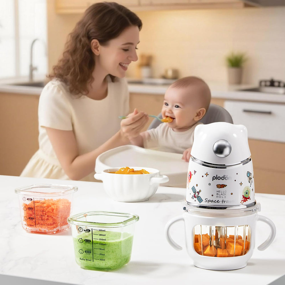 Plodon baby food processor stage recipes booklet highlights stage-based meal ideas.
