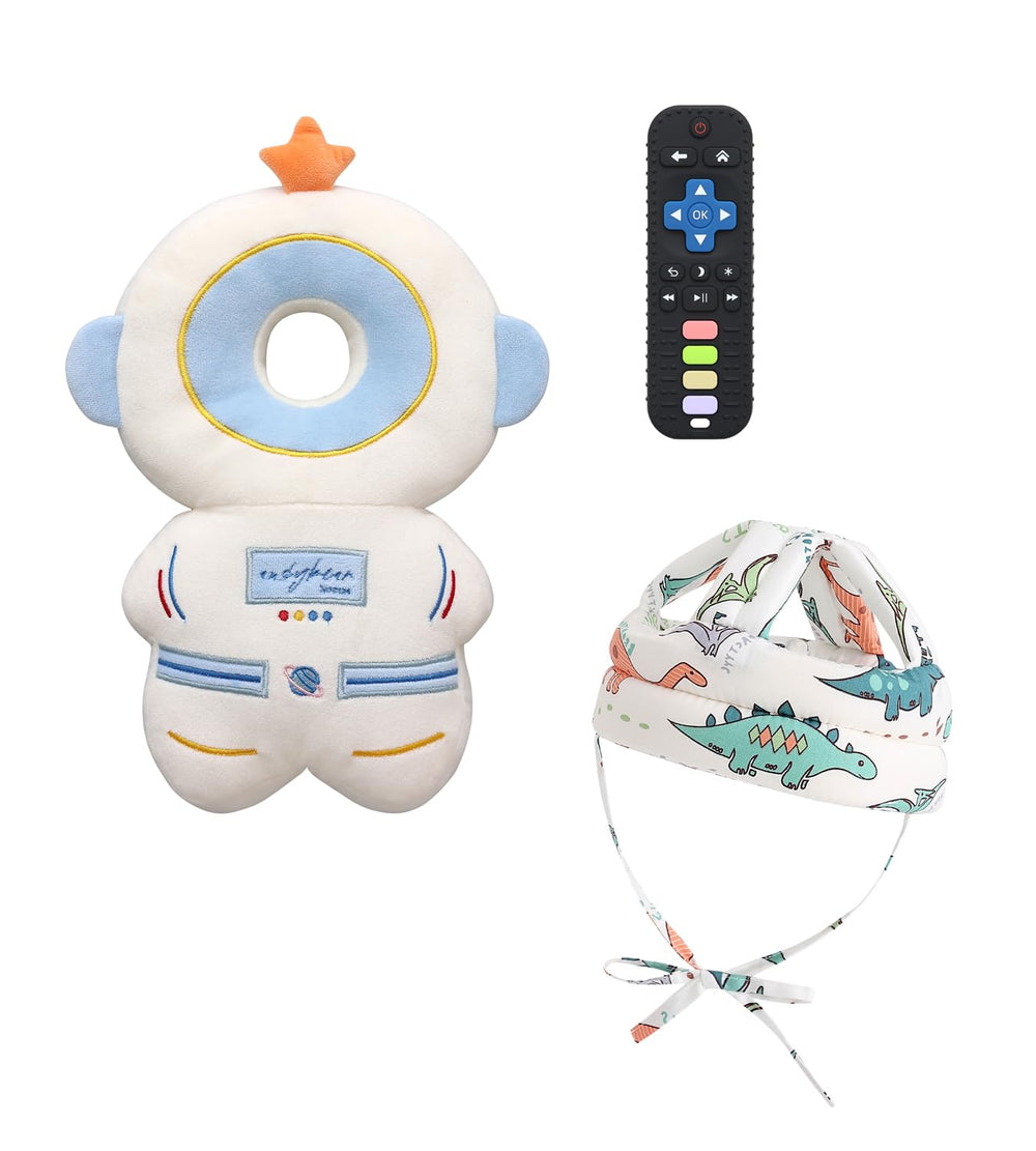 PLOVZ head protector backpack in white astronaut design cushions tiny falls with soft padding.