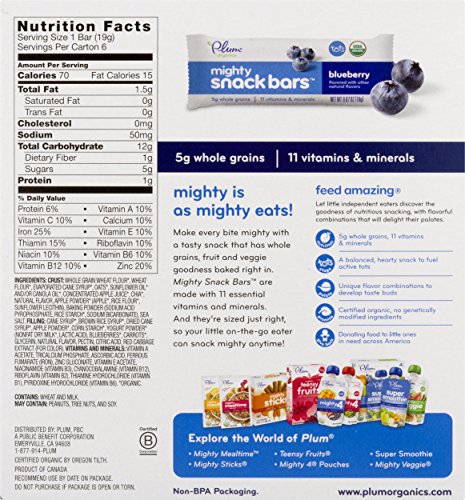Plum Organics Mighty 4 packaging shows organic, non-GMO snack for on-the-go families.