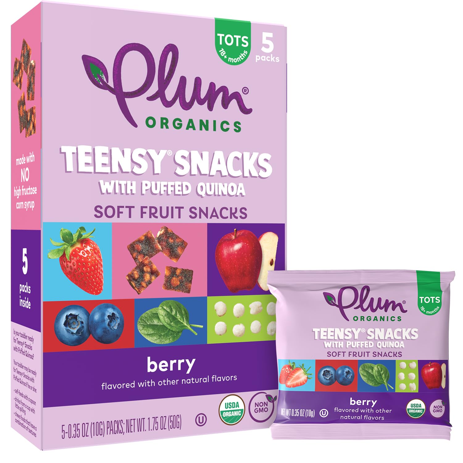 Plum Organics Teensy Fruits berry pouch close-up shows soft bite texture