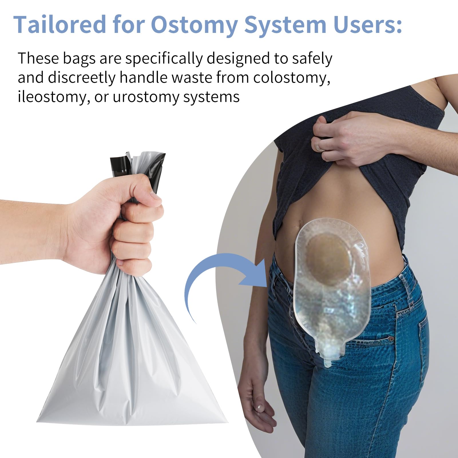 Plus tard discreet ostomy waste storage solution for on-the-go use.