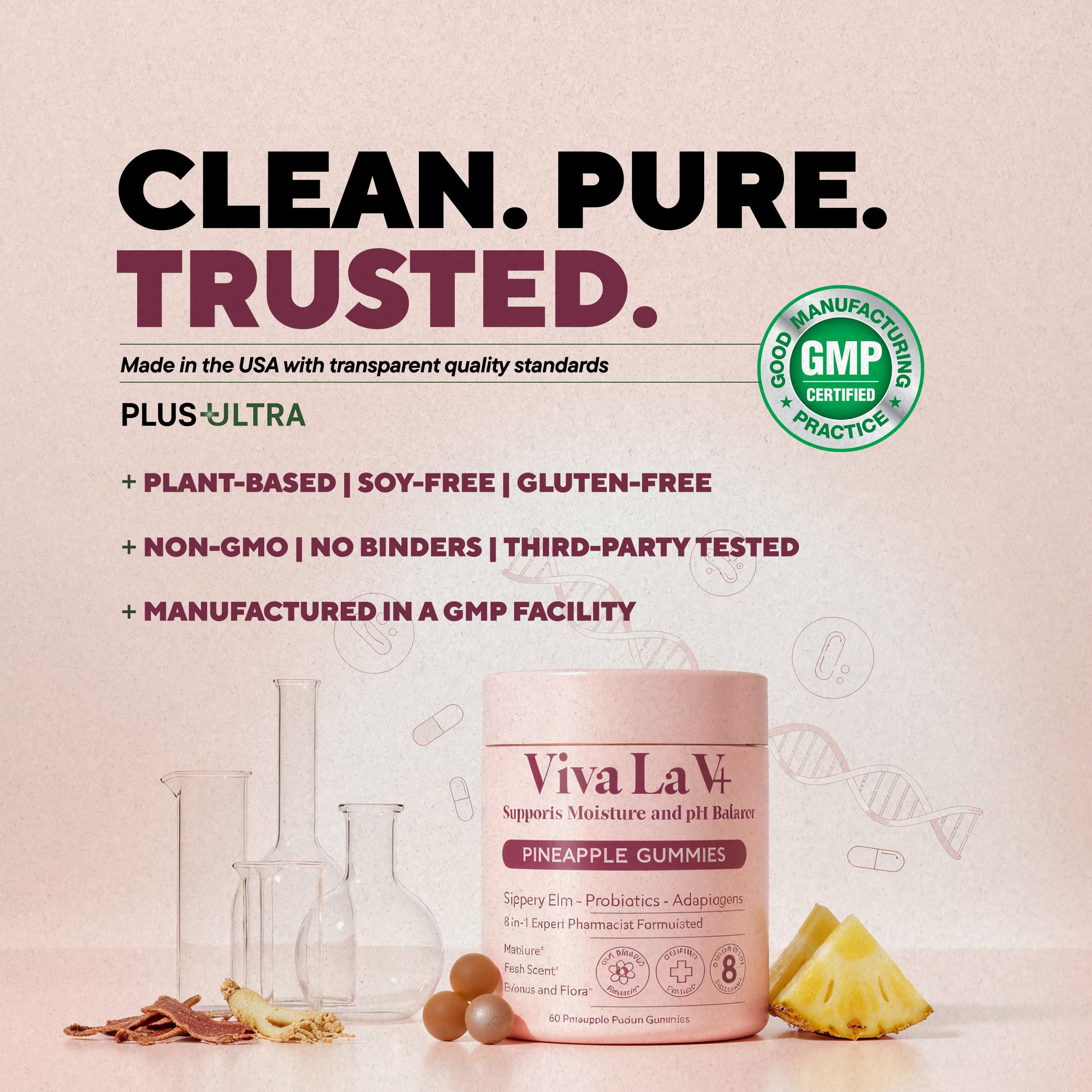 Plus+Ultra vitamin C enhanced gummies indicate daily support benefits.