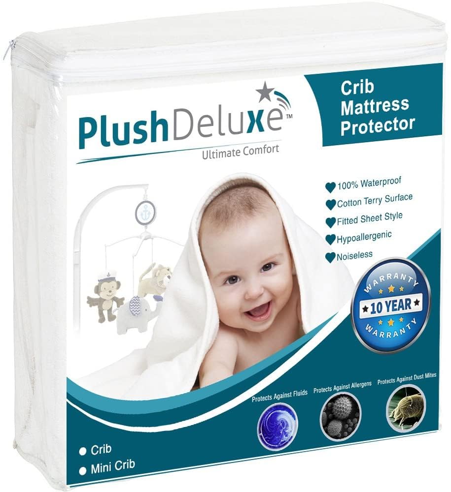 PlushDeluxe crib mattress protector with breathable terry fabric for dry, comfortable sleep.