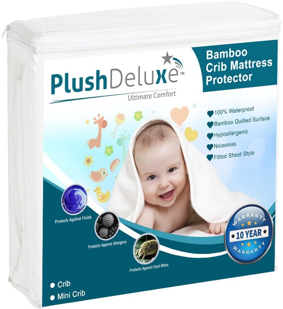 PlushDeluxe crib mattress protector with quilted top offers soft feel and stain protection.