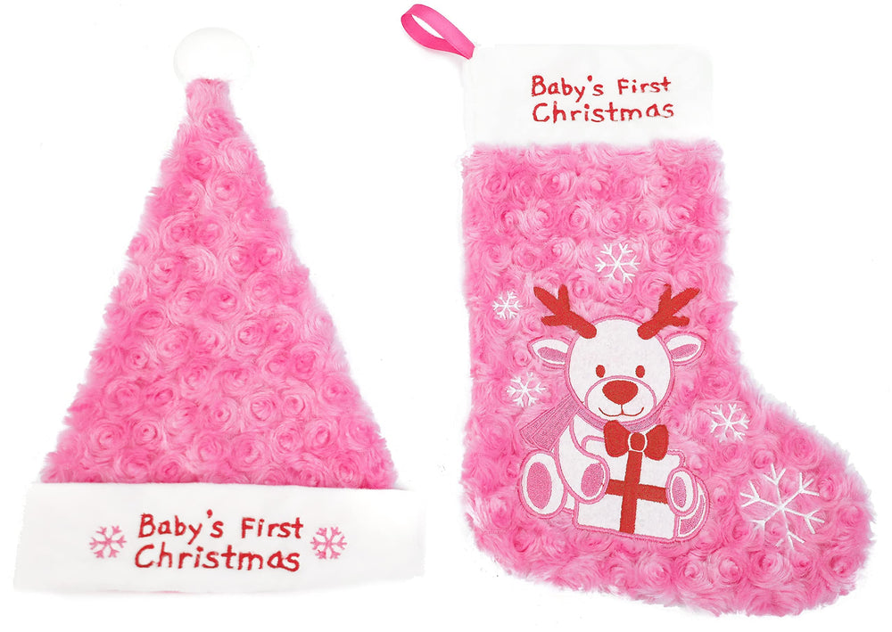 PLUSHIBLE Baby’s First Christmas blue stocking with bear embroidery for keepsake memories.