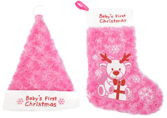PLUSHIBLE Baby’s First Christmas blue stocking with bear embroidery for keepsake memories.