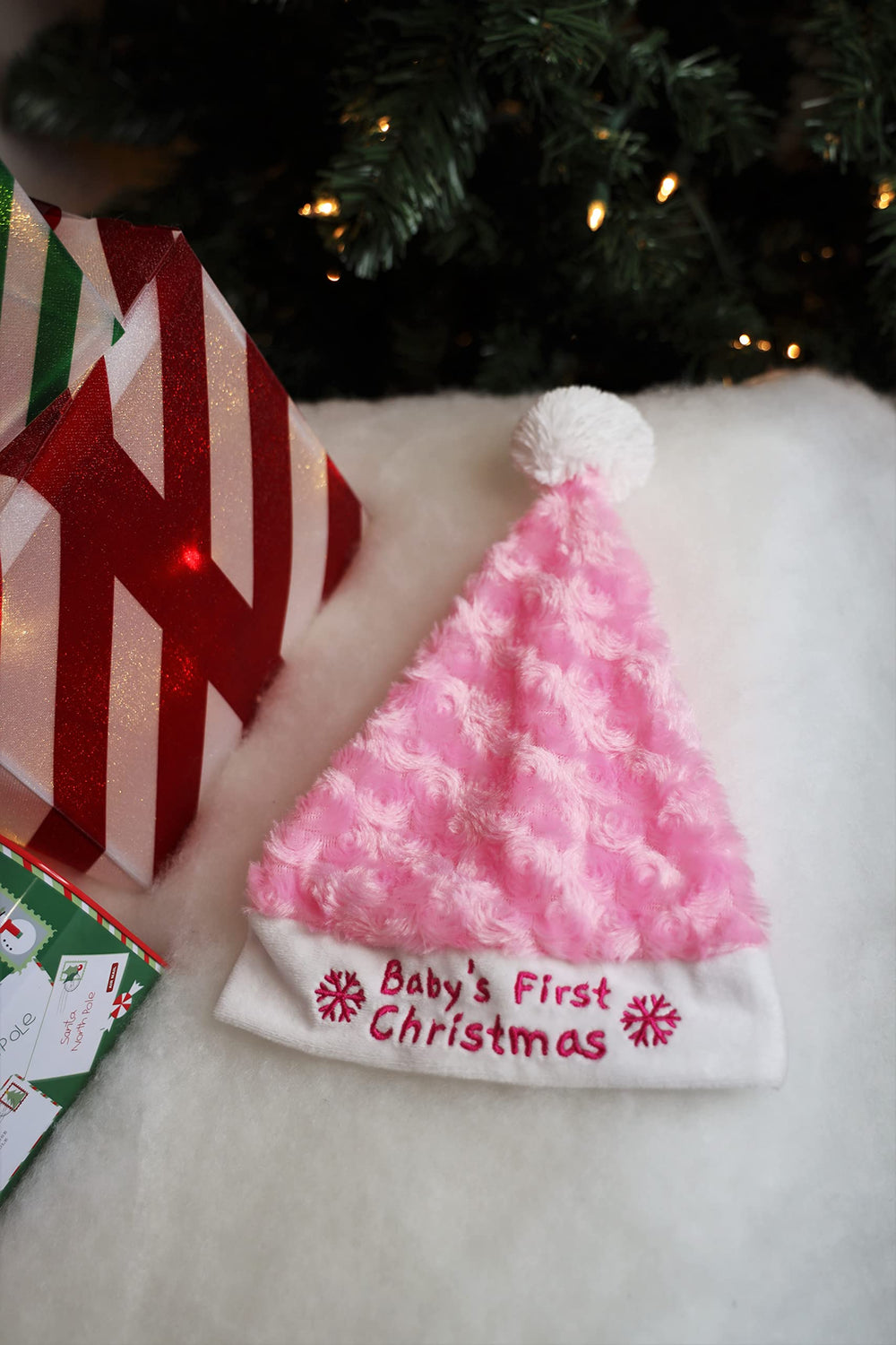 PLUSHIBLE Stocking and Santa hat set for boys and girls.