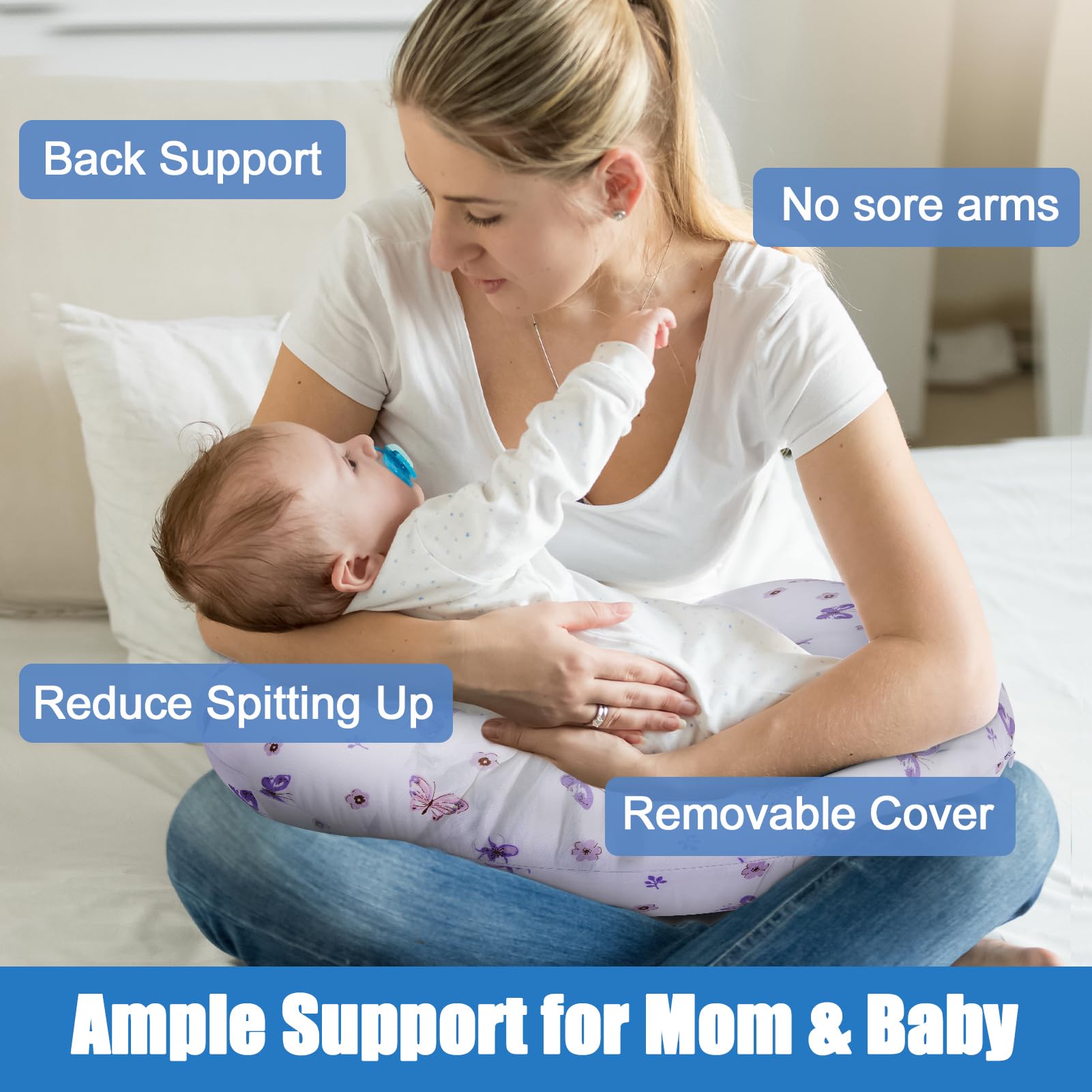 Plushii nursing pillow’s large size supports various body types during nursing and bottle feeding.