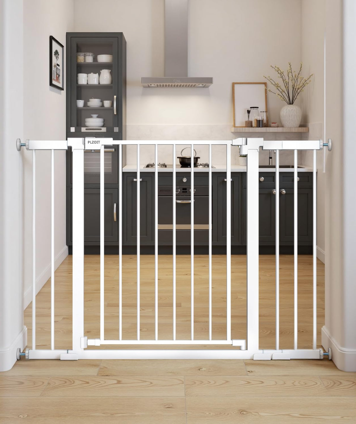 PLZOIT baby gate for stairs, 30-inch tall, sturdy metal barrier for safety.