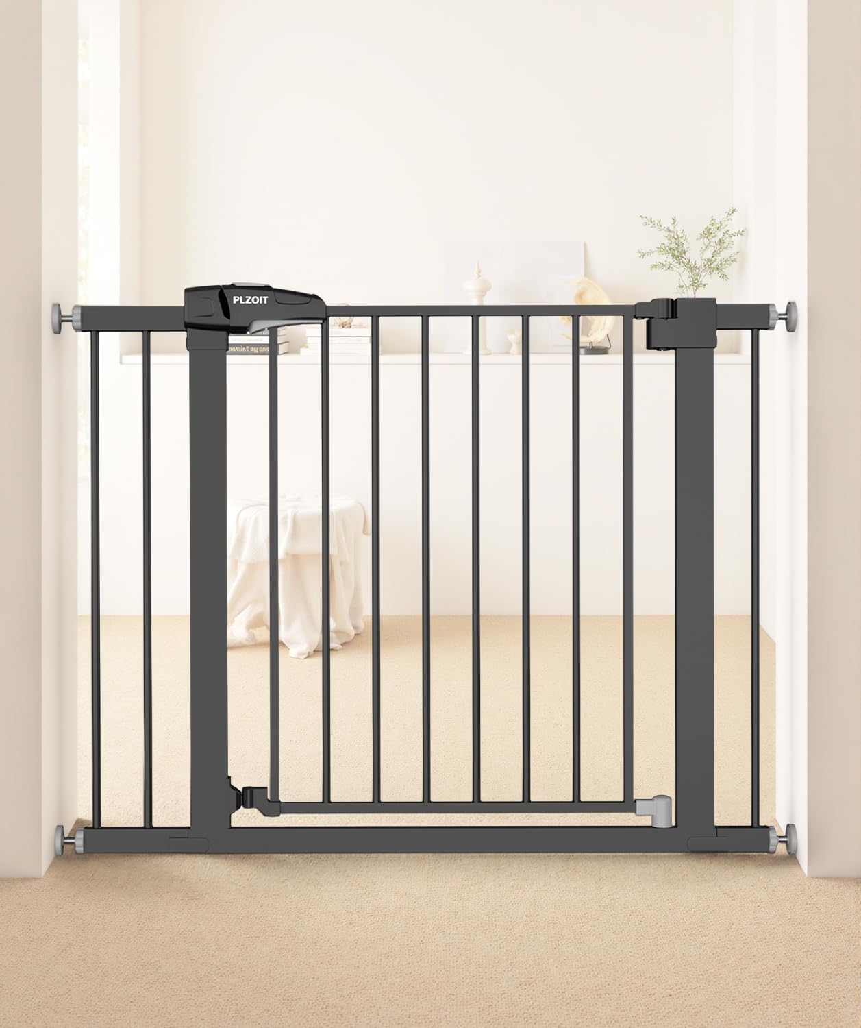 PLZOIT baby gate stairs with all-metal build offers sturdy stair safety for kids.