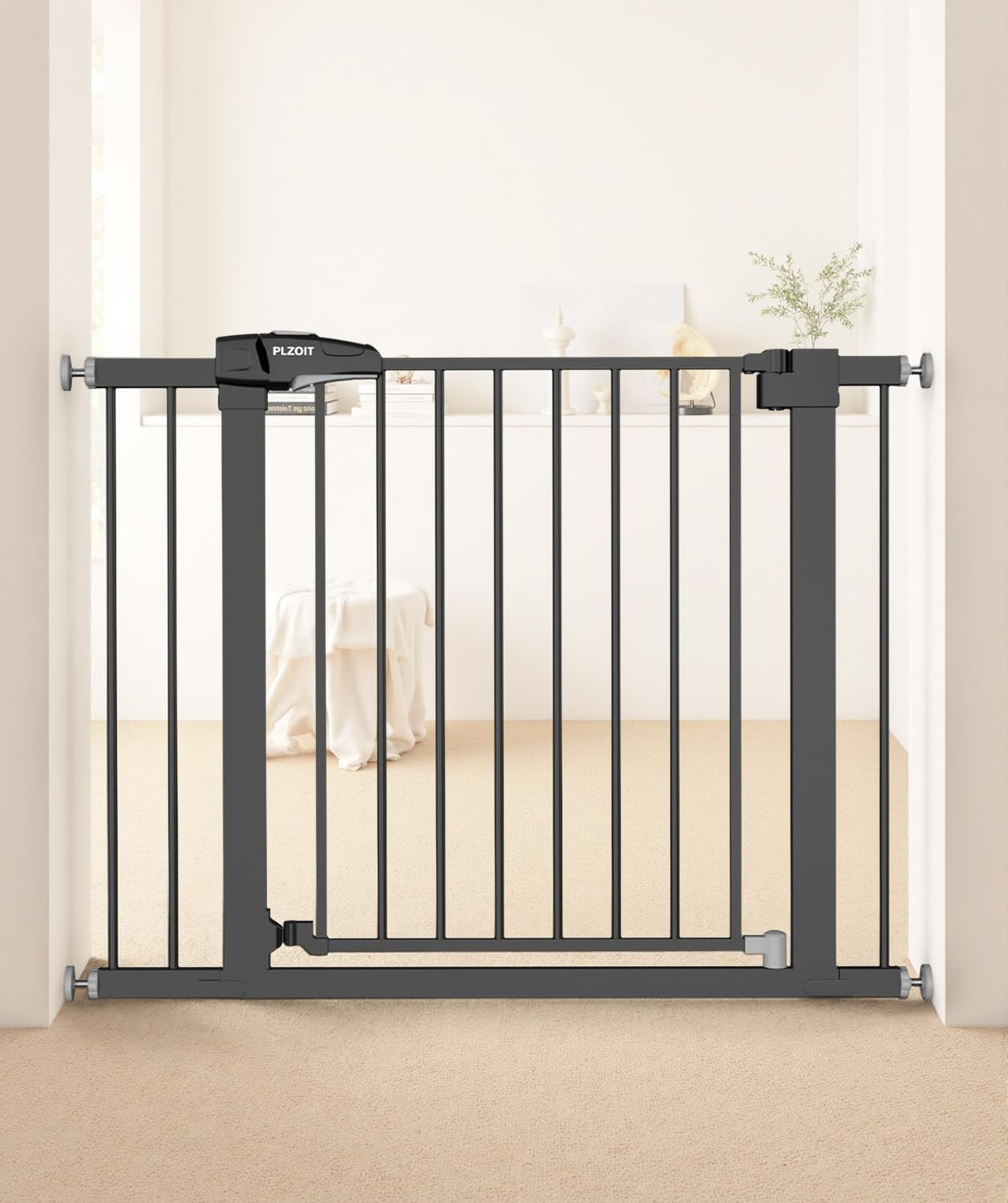 PLZOIT baby gate stairs with all-metal build offers sturdy stair safety for kids.