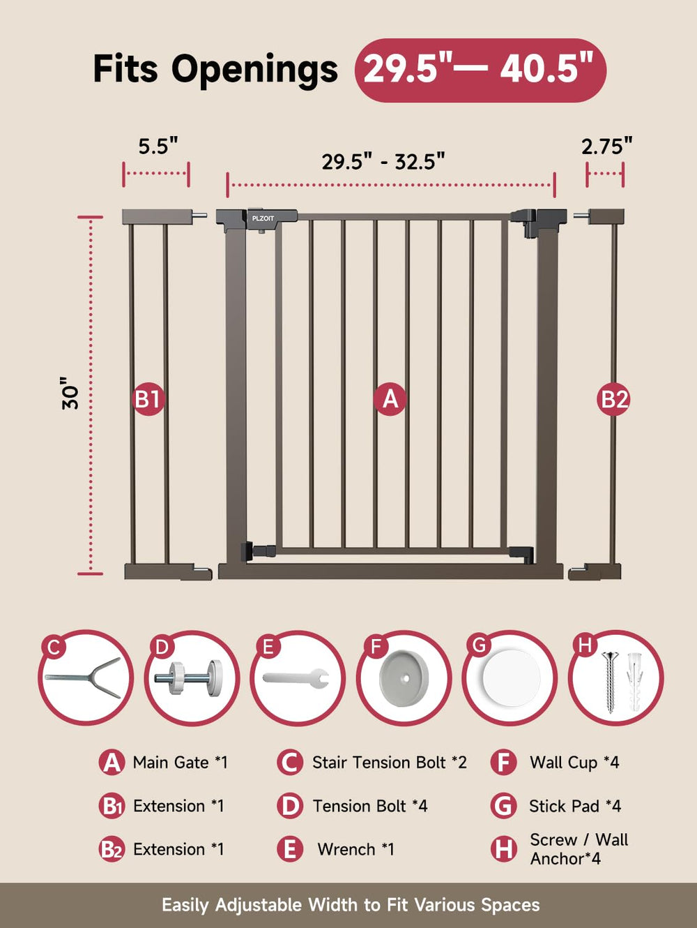 PLZOIT brown baby gate bar spacing 2.1 inches preventing squeezing