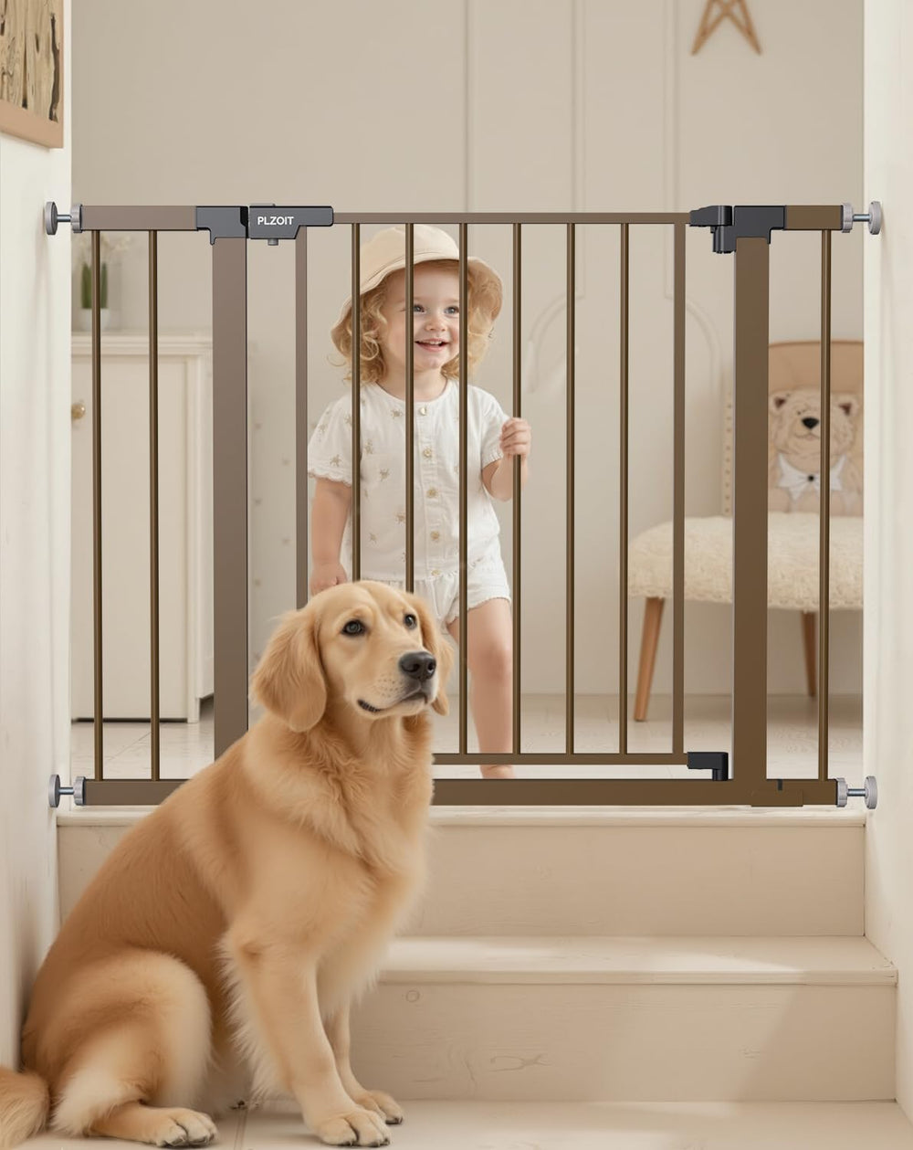 PLZOIT brown baby gate on stairs, closed, showing sturdy metal construction for safe stair access