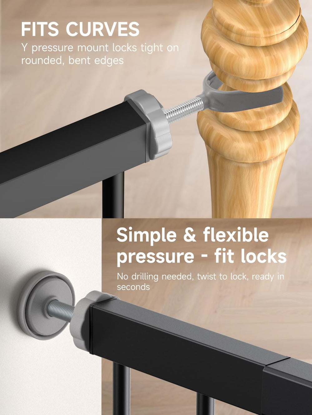 PLZOIT pressure-mounted gate protects walls while guarding children and pets.