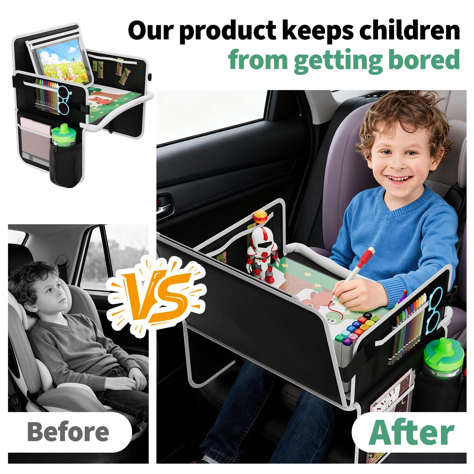 Plzpik travel tray's mesh pockets keep supplies organized on board.