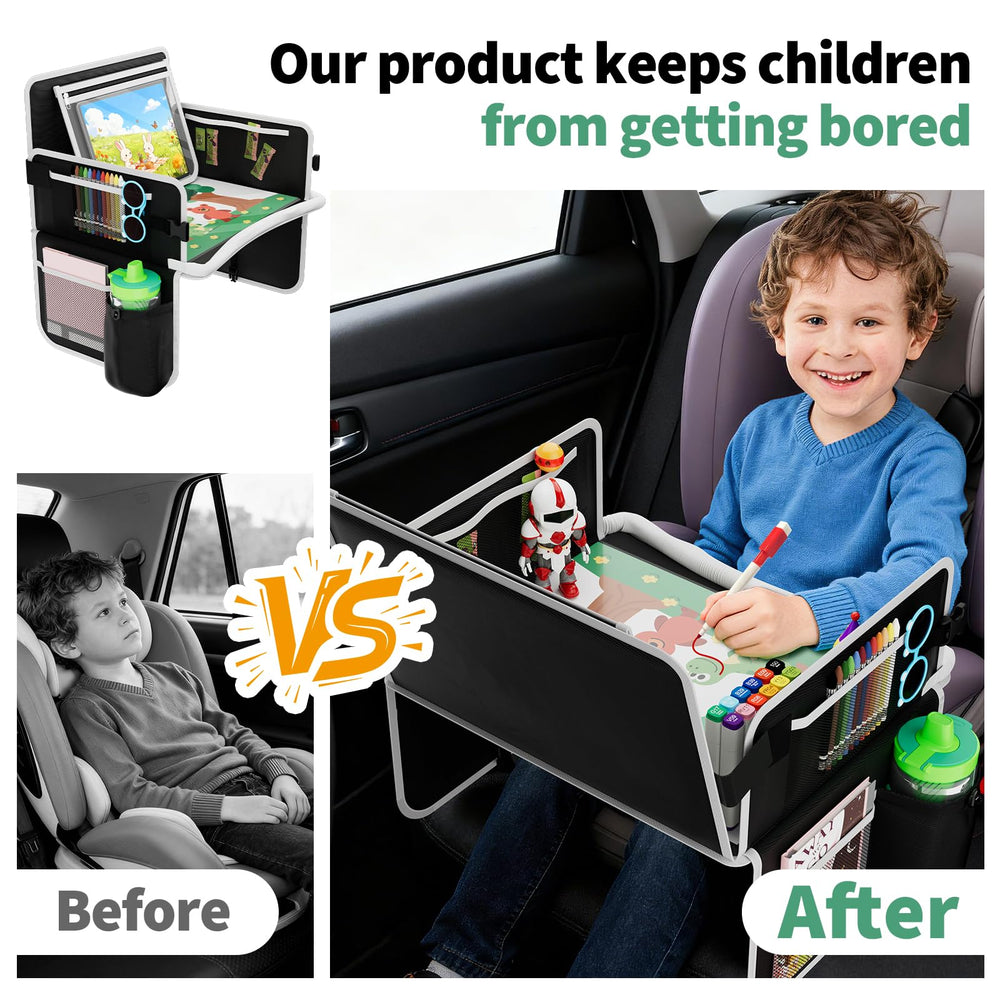 Plzpik travel tray's mesh pockets keep supplies organized on board.