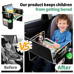 Plzpik travel tray's mesh pockets keep supplies organized on board.
