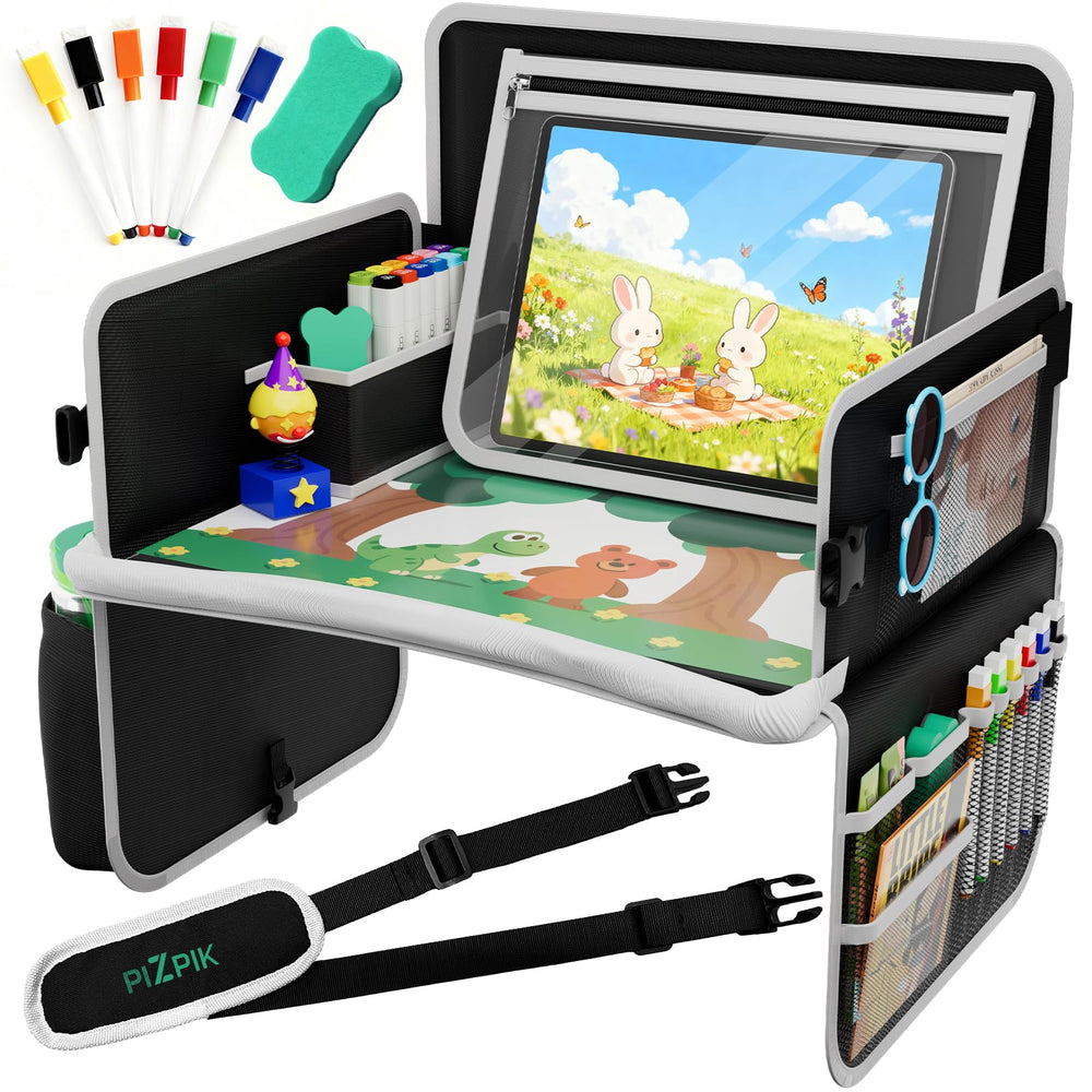 Plzpik Kids Travel Tray tablet holder secures devices for distraction-free car trips.