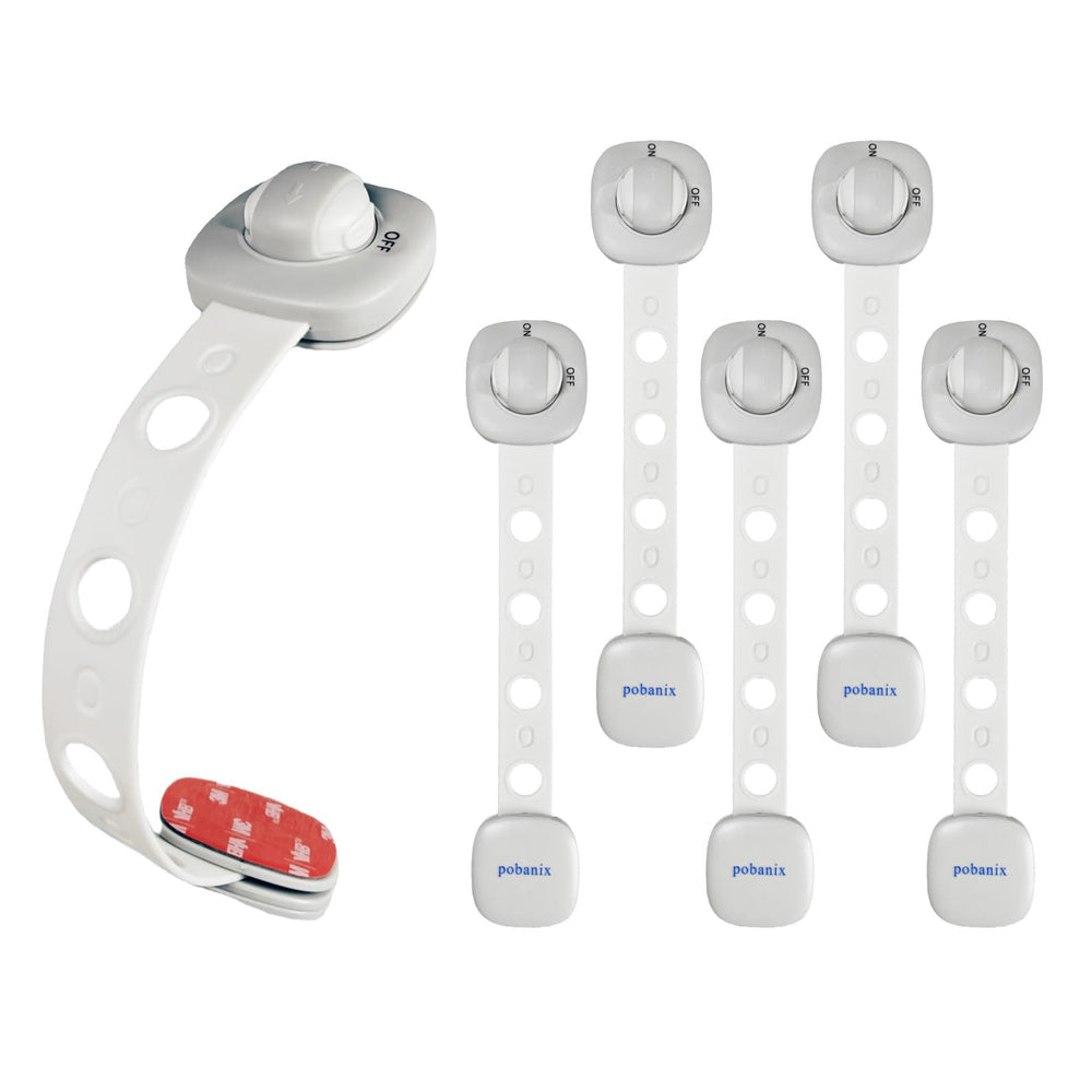 Pobanix Baby Proof Cabinet Locks on a cabinet door for tool-free child safety.