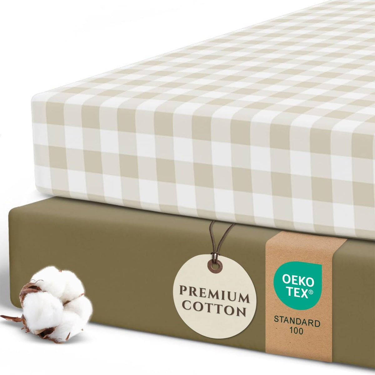 Pobibaby 2-pack crib sheets in gingham khaki with snug fit.