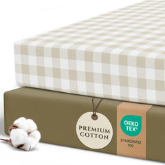 Pobibaby 2-pack crib sheets in gingham khaki with snug fit.