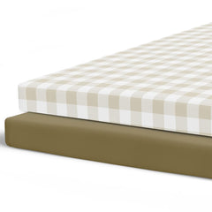 Pobibaby 2-pack pack n play sheets in gingham khaki showing soft breathable fabric for baby comfort