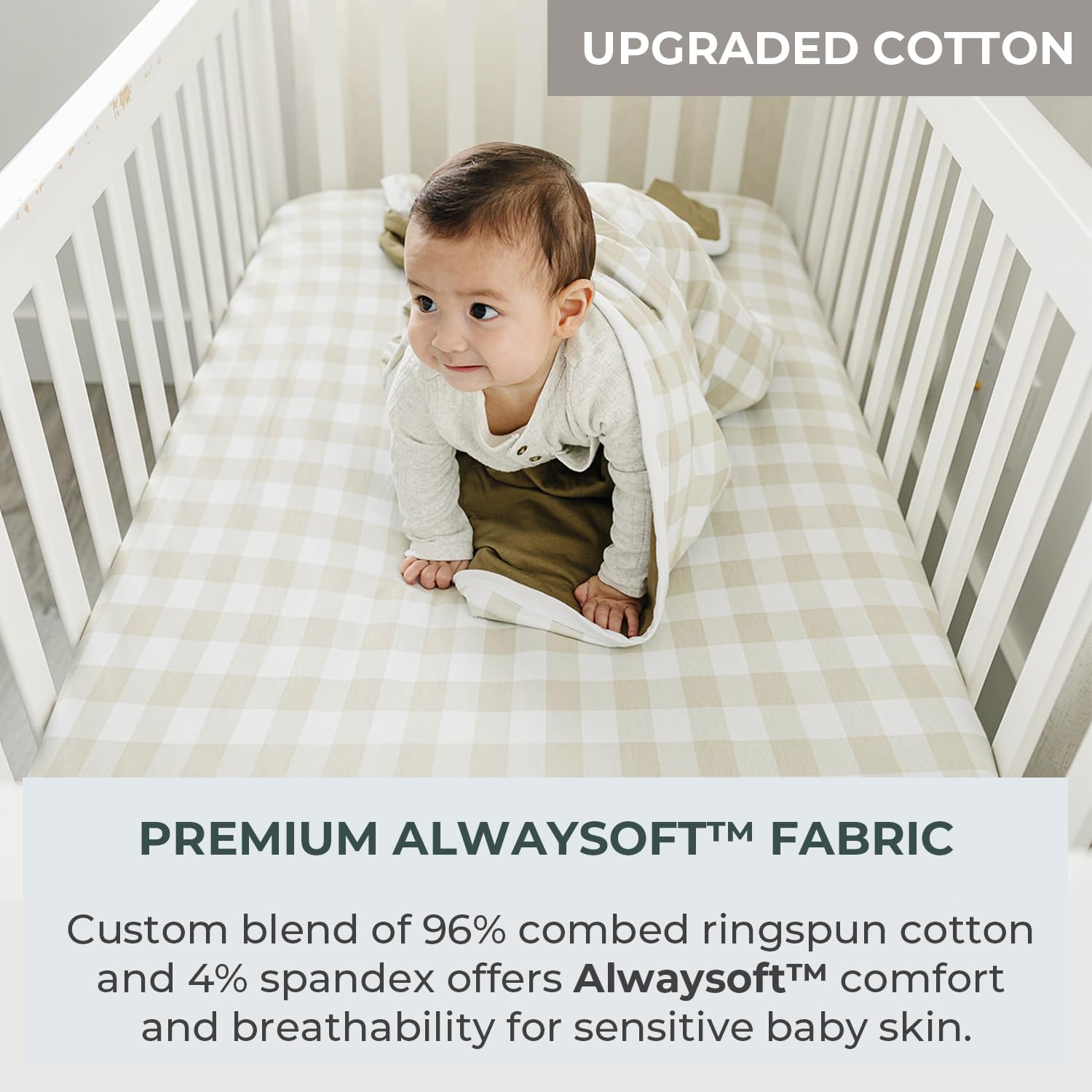 Pobibaby gingham khaki crib sheets with wrap-around elastic fit.
