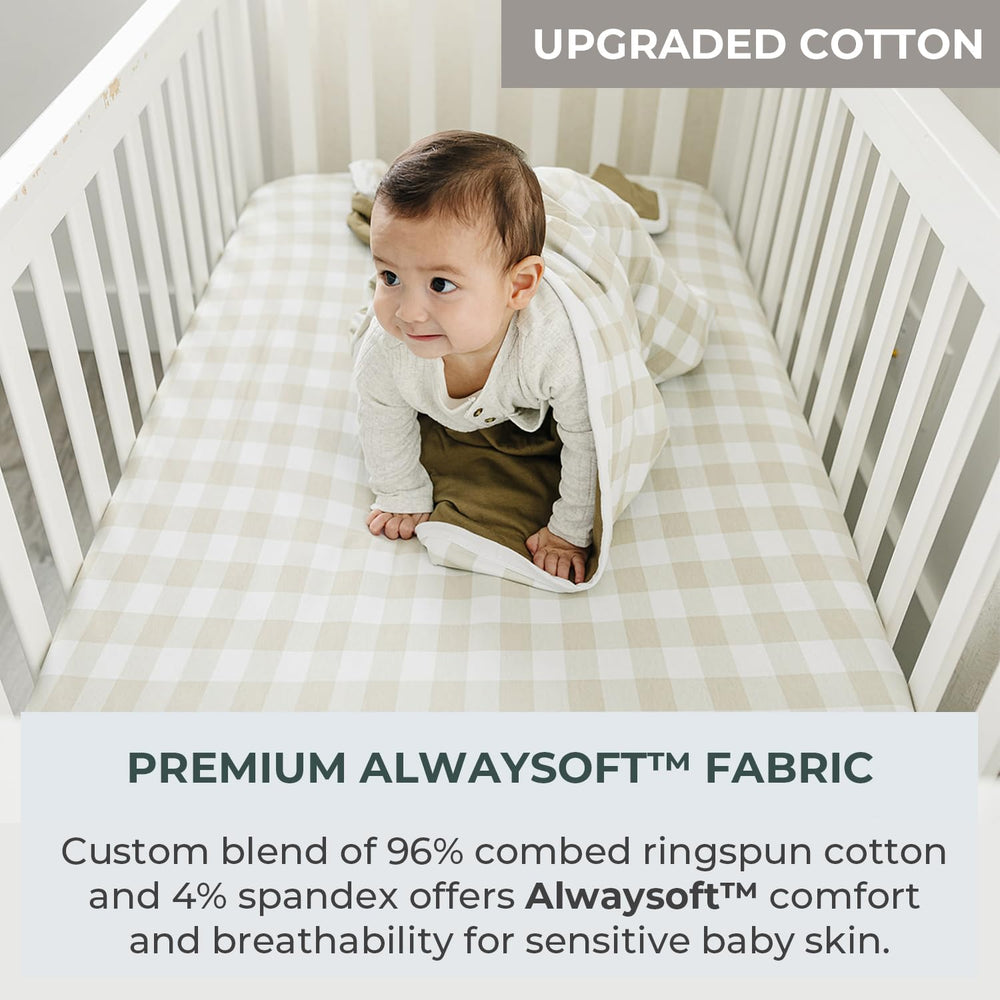 Pobibaby gingham khaki crib sheets with wrap-around elastic fit.