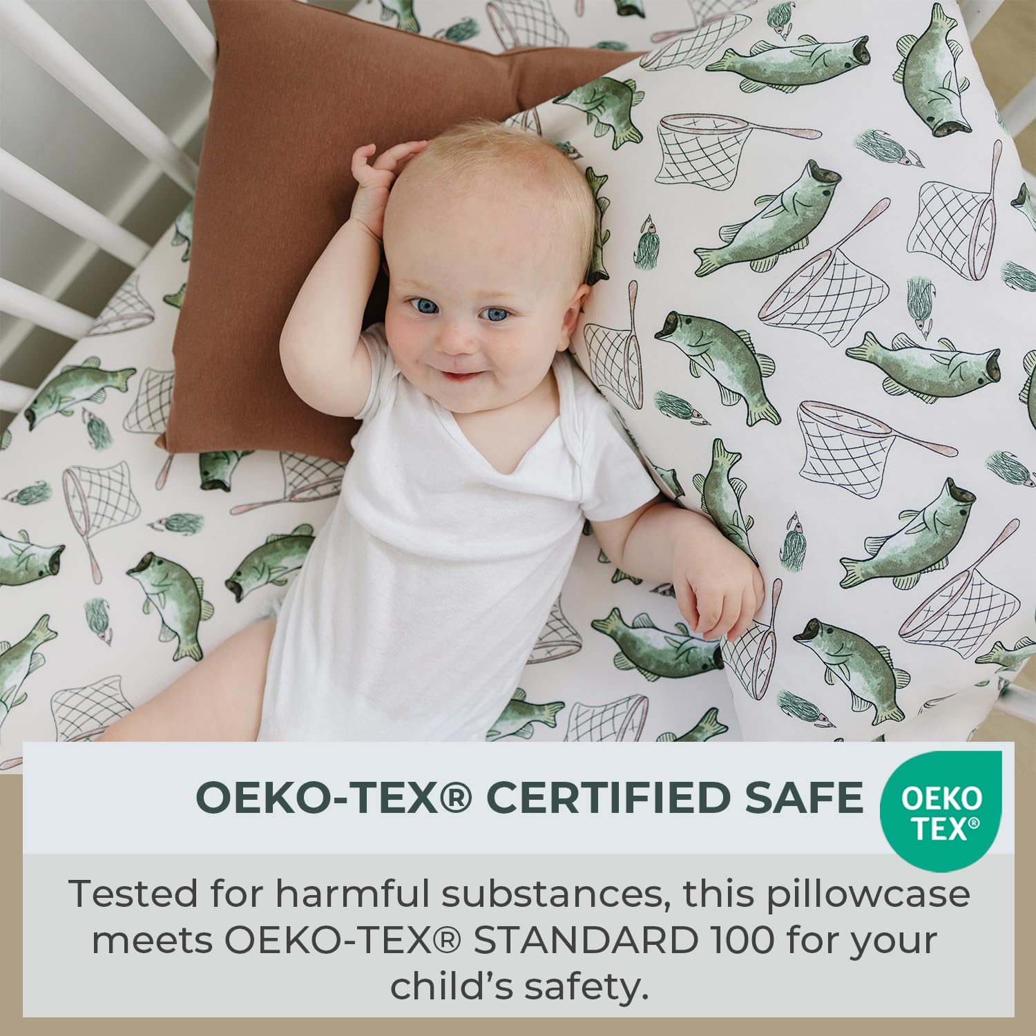 Pobibaby travel and crib use scene with coordinating bedding look.