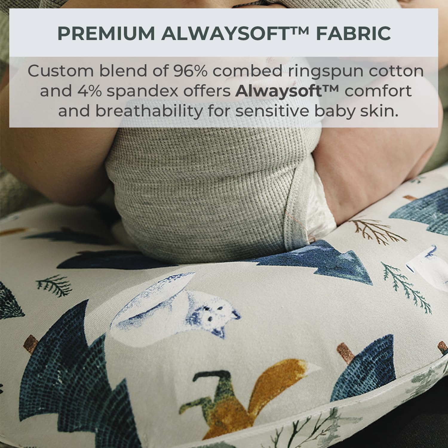 Pobibaby cover demonstrates a snug, stretch-fit on a U-shaped nursing pillow.
