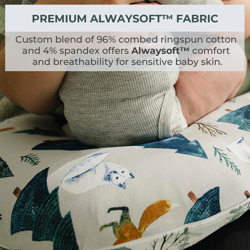 Pobibaby cover demonstrates a snug, stretch-fit on a U-shaped nursing pillow.