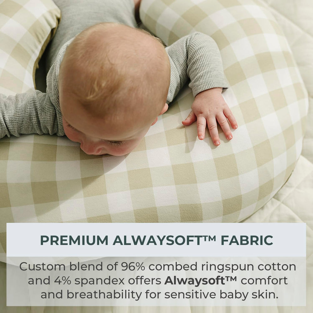 Pobibaby nursing pillow cover shows stretchy material for a snug fit on pillows