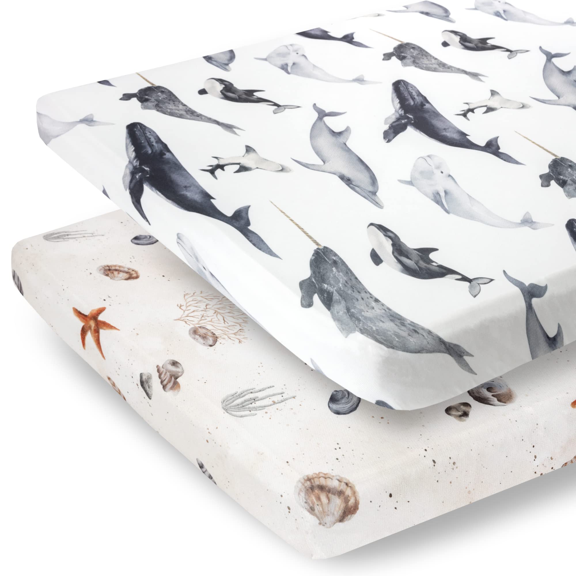 Pobibaby ocean pattern n-play sheet on mattress offers snug fit for safe sleep.