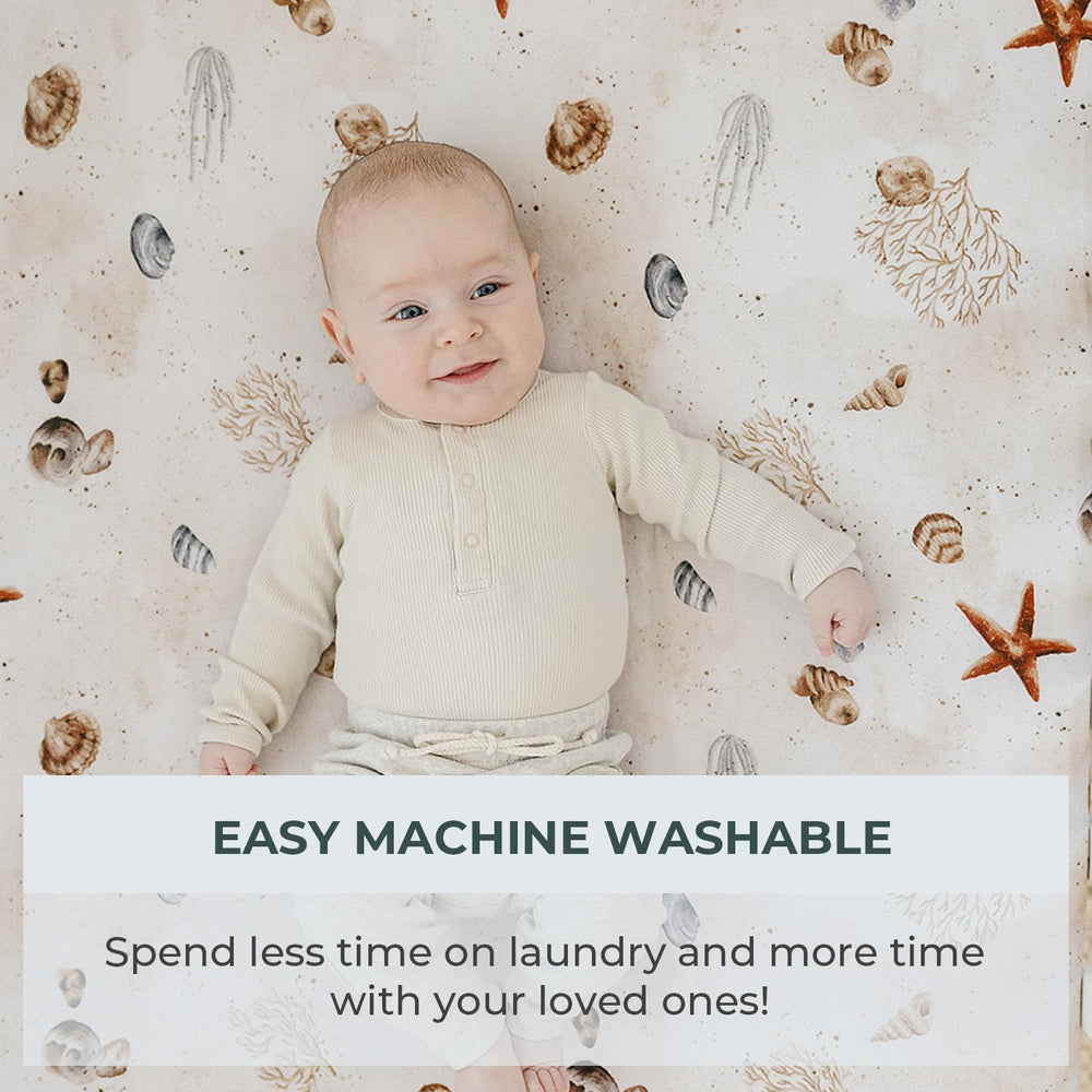 Pobibaby Ocean seaside-design crib sheet coordinates with nursery decor.