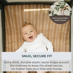 Pobibaby snug-fit elastic band secures sheets in place.