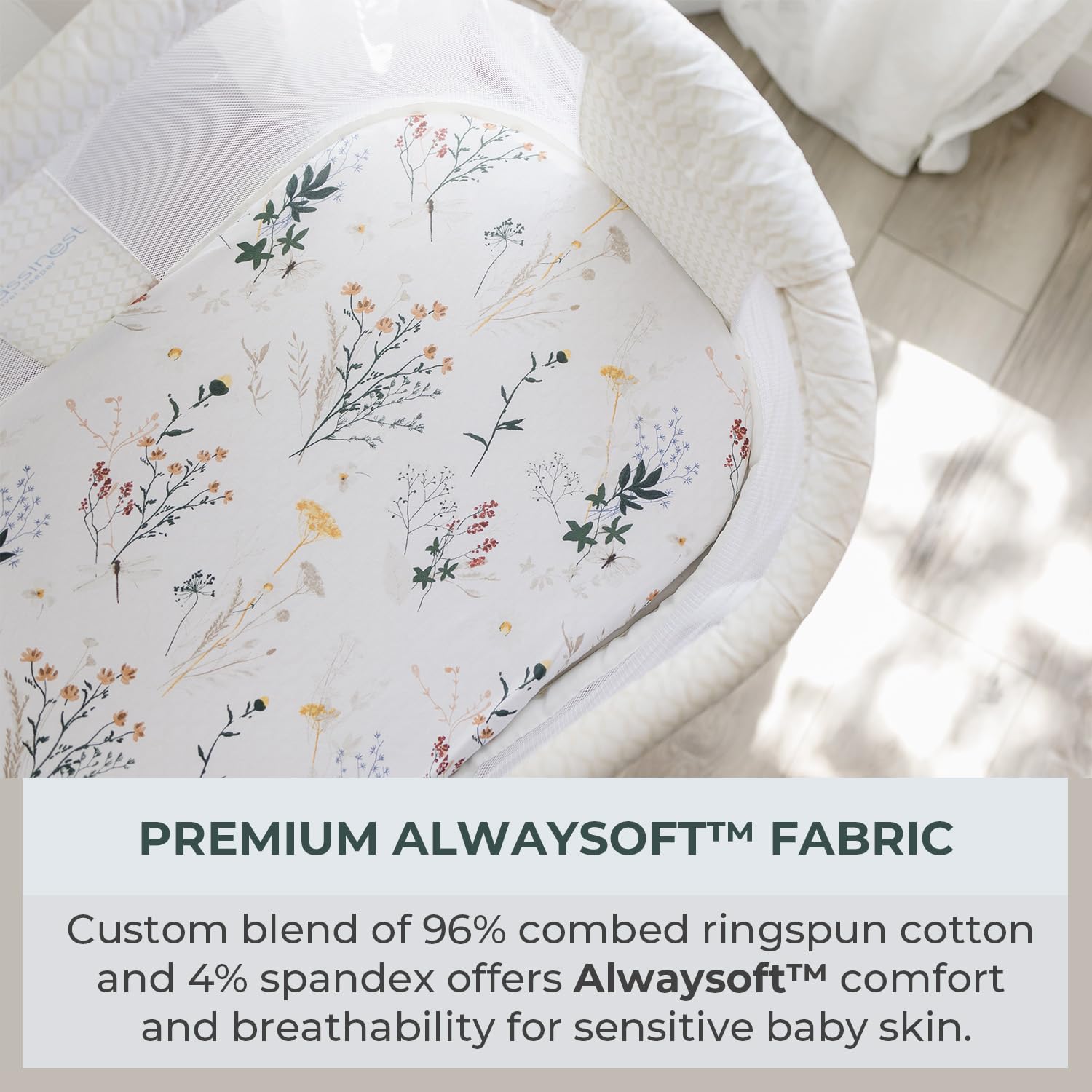 Close-up of Pobibaby wildflower bassinet sheet fabric showing softness