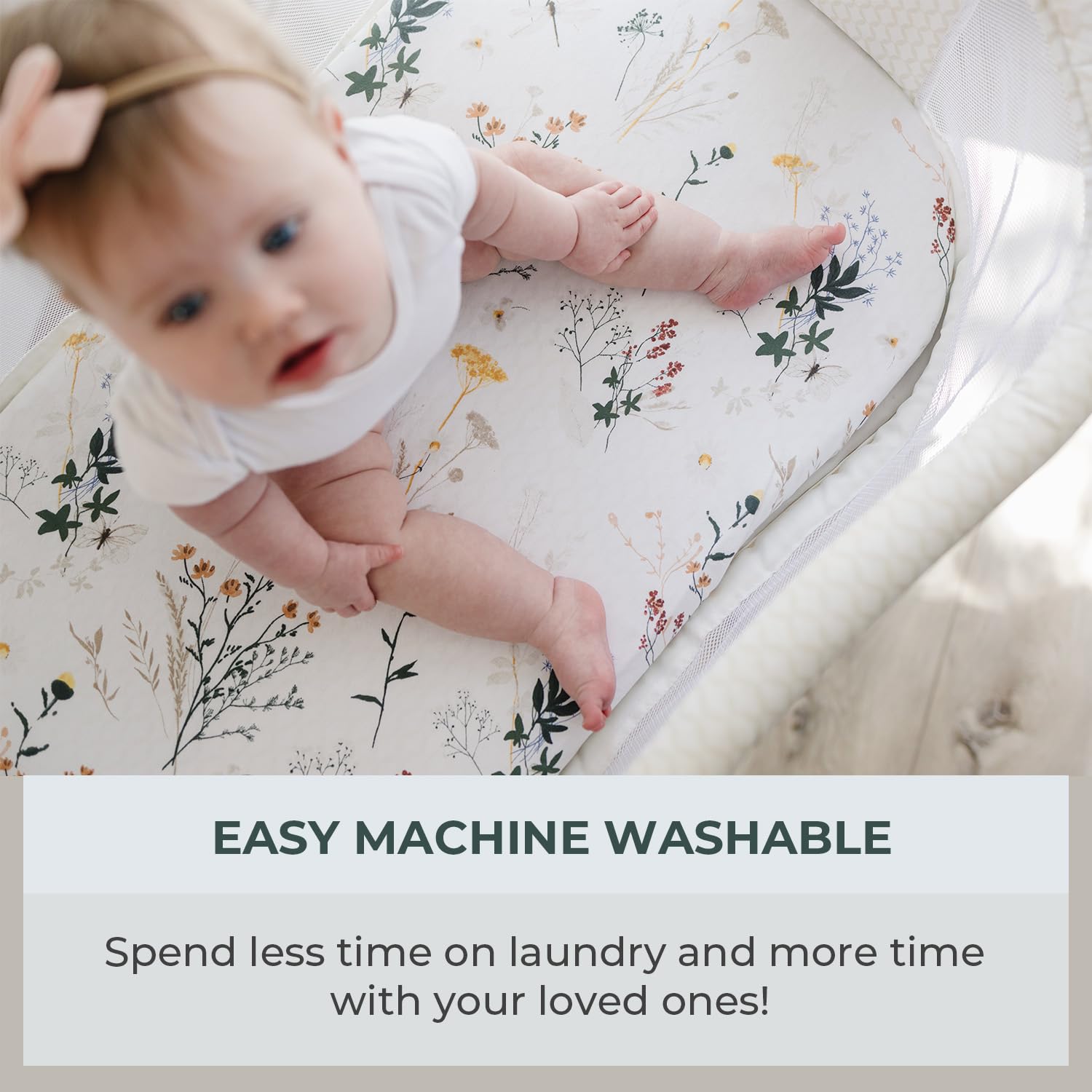 Wildflower pattern Pobibaby bassinet sheets in nursery setting