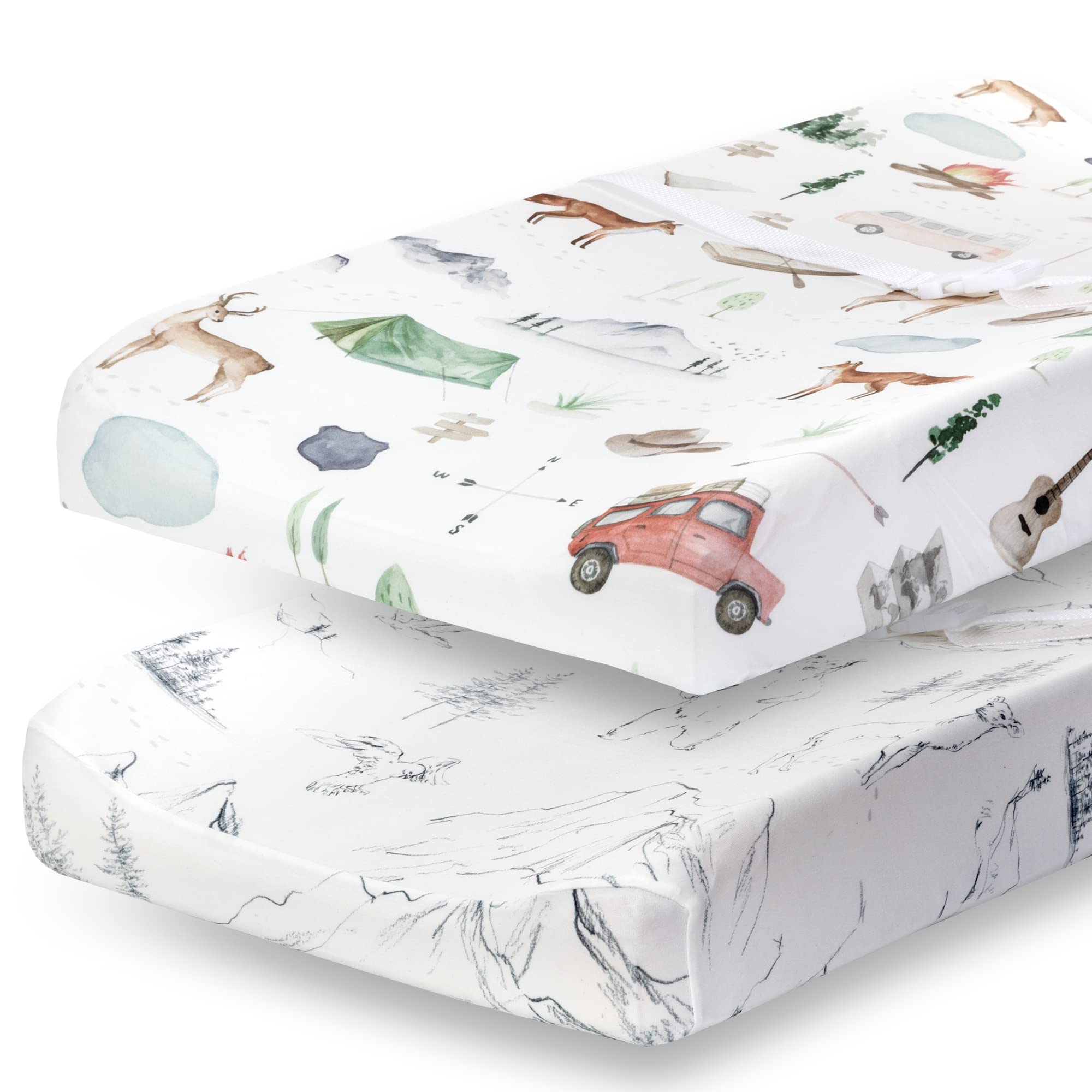 Pobibaby woodland-pattern changing pad cover on a changing table, two-pack for easy rotation