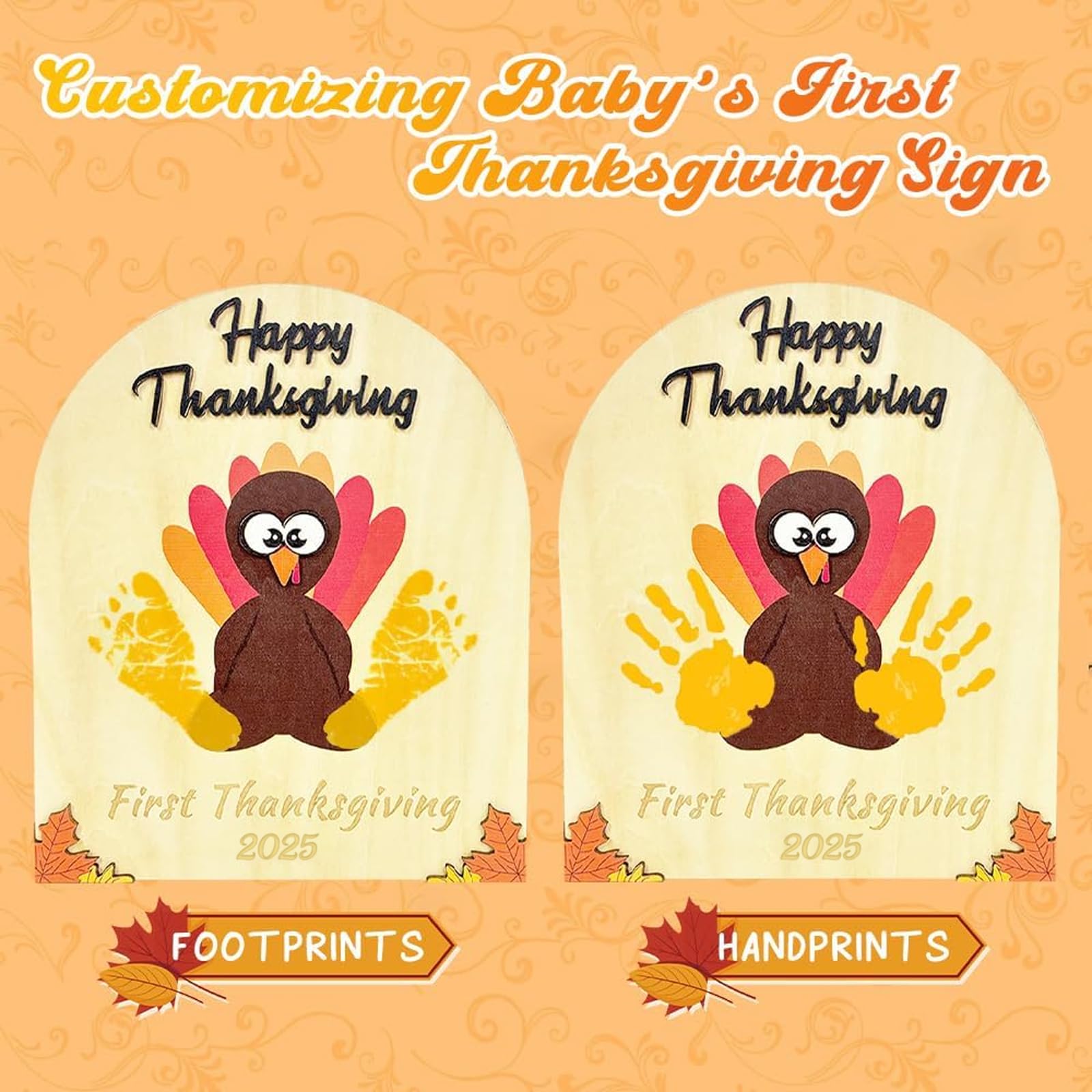Poceton turkey footprint wooden sign helps preserve your child's first Thanksgiving moment.