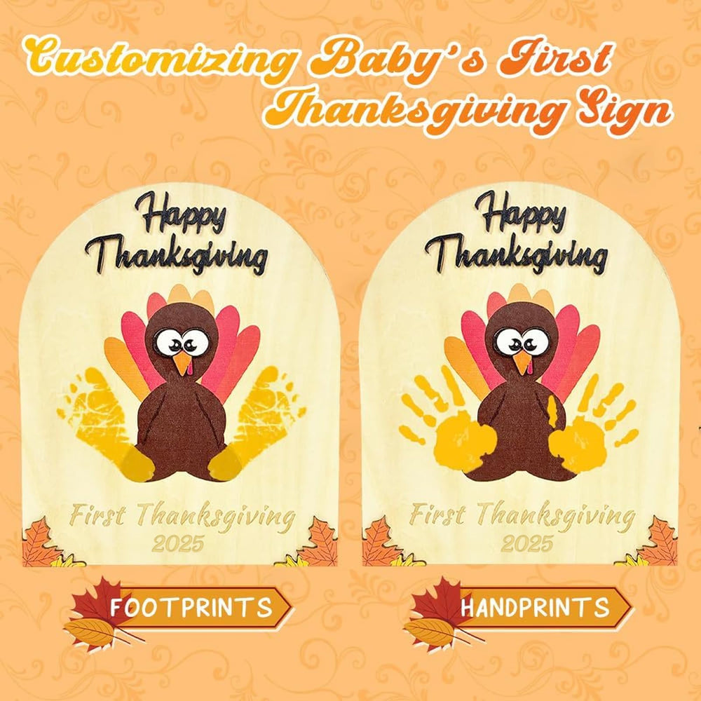 Poceton turkey footprint wooden sign helps preserve your child's first Thanksgiving moment.