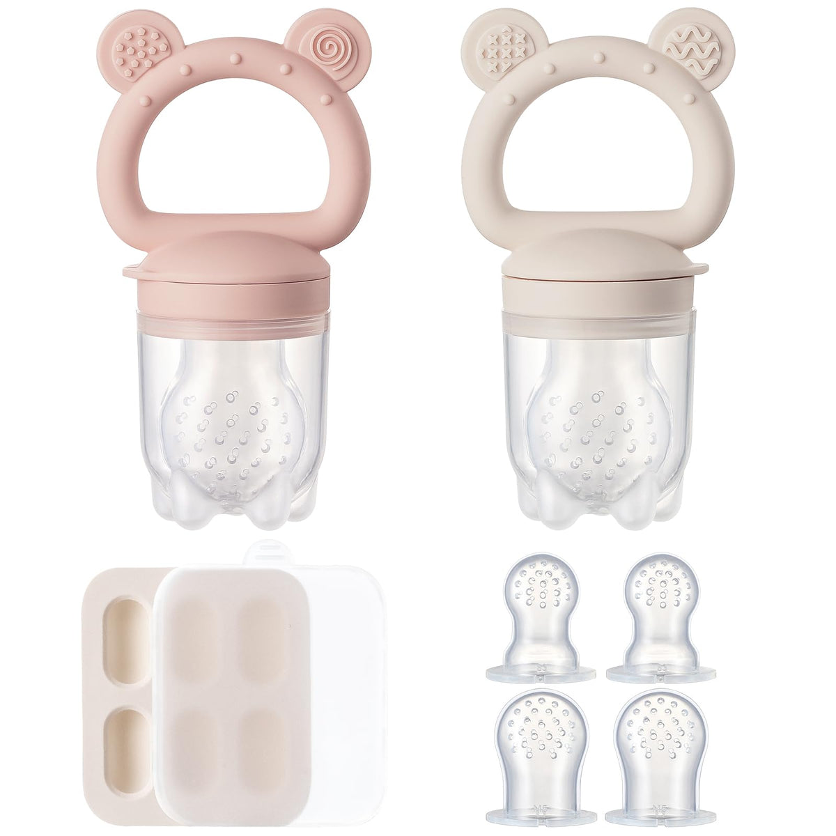 POIKSHARK 2-pack silicone baby feeder pink for safe self-feeding with soft fruit chunks.
