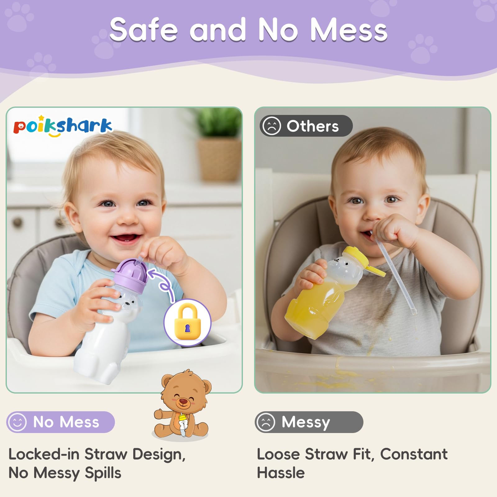 POIKSHARK BPA-free silicone straw is gentle on delicate gums.